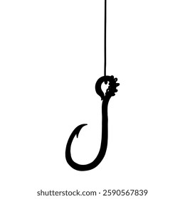 Fish Hook with Line Silhouette Clipart. Fishing Lure Bait. Doodle Vector Illustration