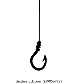 Fish Hook with Line Silhouette Isolated. Fishing Lure Bait. Doodle Vector Illustration