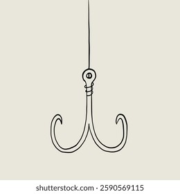 Fish Hook with Line Sketch Clipart. Fishing Lure Bait. Lineat Vector Illustration