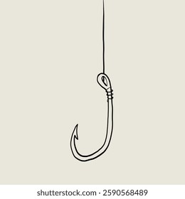 Fish Hook with Line Sketch. Fishing Lure Bait. Lineat Vector Illustration