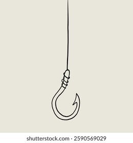 Fish Hook with Line Sketch Graphic. Fishing Lure Bait. Lineat Vector Illustration