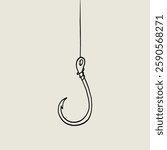 Fish Hook with Line Sketch Single. Fishing Lure Bait. Lineat Vector Illustration