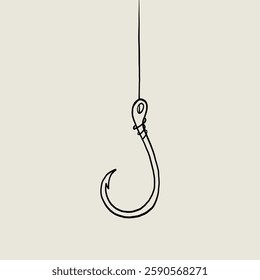 Fish Hook with Line Sketch Single. Fishing Lure Bait. Lineat Vector Illustration