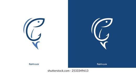 Fish Hook Logo. Combination of hook and fish in minimalist style. Fish Logo, Icon, Symbol, Vector, Design Inspiration.