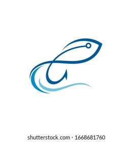 Fish And Hook Logo Concept, Fishing Logo, Flat Style Blue Color