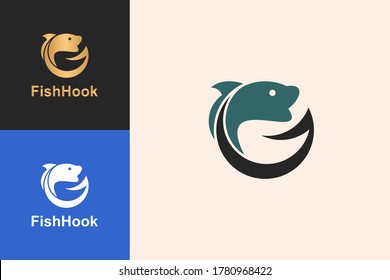 Fish And Hook Logo Design Concept, Suitable For Fishing Logo.