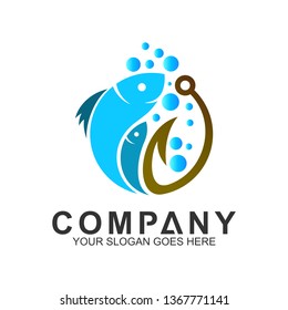 fish + hook logo design template,fishing vector logo