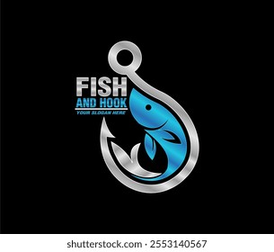 Peixe e gancho logotipo emblema selo vetor ilustração design modelo plano design