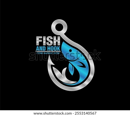 Fish and hook logo emblem stamp vector illustration design template flat design
