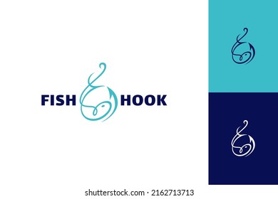 Fish and hook logo. Fisherman, fishing, fish market and restaurant icon with fish menu. Blue simple line art concept with multiple color displays.