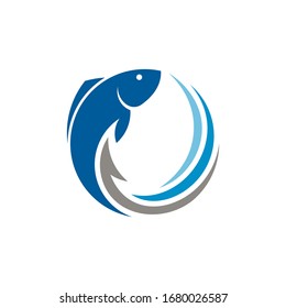 Fish And Hook Logo, Fishing Flat Logo Template