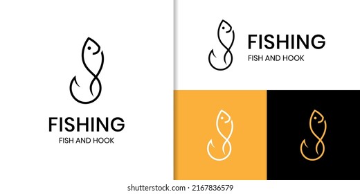 Fish and hook logo, Simple fishing sport logo template, hook logo symbol vector icon design element