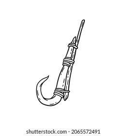 Fish hook made of bone and fang. Tool of primitive man of Stone Age. Old tool for fishing and hunting. Cartoon outline illustration