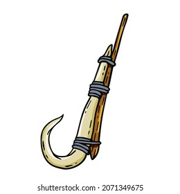 Fish hook made of bone and fang. Tool of primitive man of Stone Age. Old tool for fishing and hunting. Cartoon outline illustration