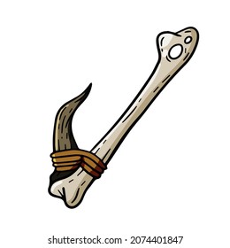 Fish hook made of bone and fang. Tool of primitive man of Stone Age. Old tool for fishing and hunting. Cartoon outline illustration