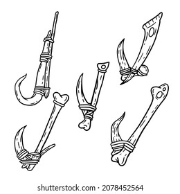 Fish hook made of bone and fang. Tool of primitive man of Stone Age. Old tool for fishing and hunting. Cartoon outline illustration