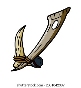 Fish hook made of bone and fang. Tool of primitive man of Stone Age. Old tool for fishing and hunting. Cartoon outline illustration