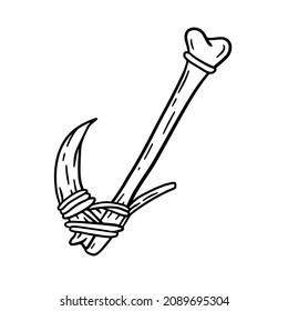 Gancho de pescado hecho de hueso y colmillo. Herramienta del hombre primitivo de la Edad de Piedra. Vieja herramienta para pescar y cazar. Ilustración de esquema de dibujos animados