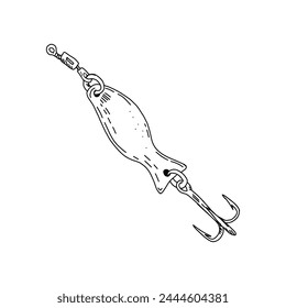 Fish hook minnow vector illustration tackle. Fly metal spinner lure feeding. Bait line drawing. Ink silhouette black outline drawing. Fishing spoon angler tool. Sharp triple catch sport equipment art