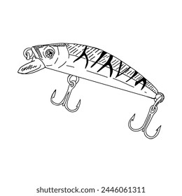 Fish hook minnow vector illustration tackle. Fly gudgeon spinner lure feeding. Bait line drawing. Ink silhouette Black outline drawing. Fishing spoon angler tool. Sharp triple catch sport equipment