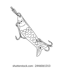 Fish hook minnow vector illustration tackle. Fly metal spinner lure feeding. Bait line drawing. Ink silhouette black outline drawing. Fishing spoon angler tool. Sharp triple catch sport equipment art