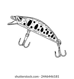 Fish hook minnow vector illustration tackle. Fly gudgeon spinner lure feeding. Bait line drawing. Ink silhouette Black outline graphic. Fishing spoon angler tool. Sharp triple catch sport equipment