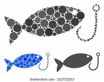 Fish hook mosaic of circle elements in various sizes and color tints, based on fish hook icon. Vector circle elements are composed into blue composition.