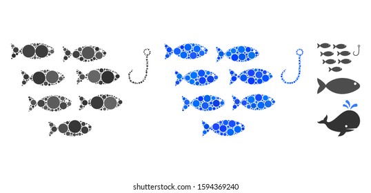 Fish hook mosaic of round dots in different sizes and color tones, based on fish hook icon. Vector round dots are united into blue mosaic. Dotted fish hook icon in usual and blue versions.