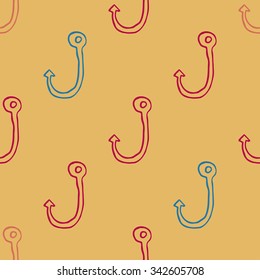 Fish hook seamless vector pattern. Hand painted background.