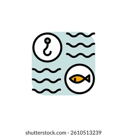 Fish and hook sign. Fishing color icon. Catch seafood symbol. Vector Illustration. Isolated on White Background.