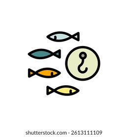 Fish and hook sign. Fishing icon. Catch seafood symbol. Vector Illustration. Isolated on White Background.