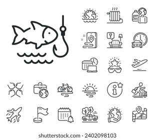 Fish and hook sign. Plane jet, travel map and baggage claim outline icons. Fishing line icon. Catch seafood symbol. Fishing line sign. Car rental, taxi transport icon. Place location. Vector