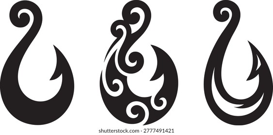 Māori fish hook symbols set vector illustration, New Zealand traditional tribal hei matau ornament collection. 