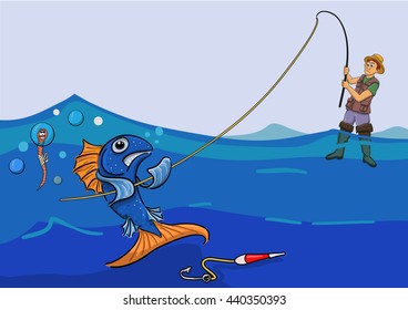 fish hook tore released worm and pulls the fisherman into the water