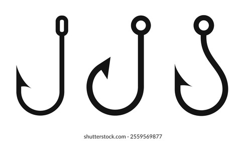 Fish hook vector icon isolated on white background. Simple flat web illustrations set of curvy crooks for fishing or butchery. Black linear shapes collection.