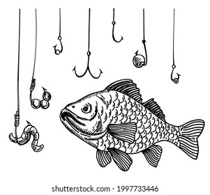 Fish and a lot of fish hooks. Hand drawn fishing symbol. The metaphor that the fish is in danger among the many hooks.