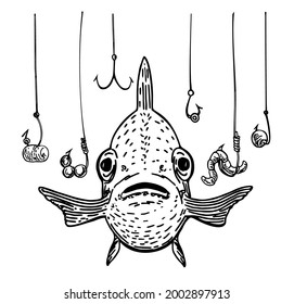 Fish and a lot of fish hooks. Hand drawn fishing symbol. The metaphor that the fish is in danger among the many hooks.