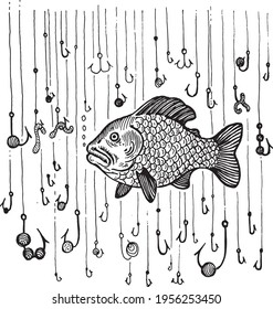 Fish and a lot of fish hooks, vector illustration. Drawing with an ink pen and pencil. A collection of fish.