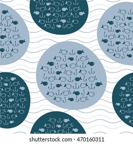 Fish and hooks in water bubbles, seamless pattern