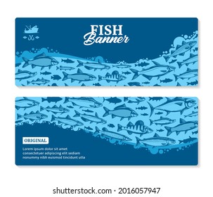 Fish Horizontal Banner Or Flyer Concept With Fish Illustrations And Silhouettes On A Background For Fisheries, Fishing, Fish Markets, Packaging Or Advertising