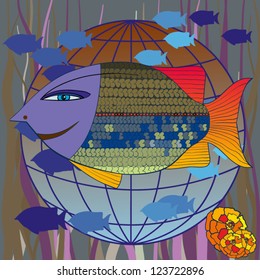 The fish with a human face floats on a background of globe