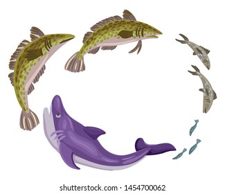 Fish hunt for fish, feeding of underwater animals, wild sea predators. Isolated characters on white background. Vector flat cartoon illustration. Hand drawing