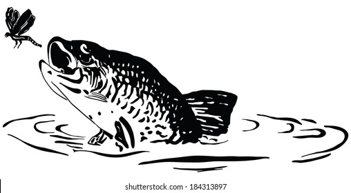 Fish hunts a dragonfly jumping out of the water. Cartoon.