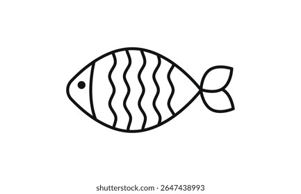 Fish icon with a black line on a white background. Minimalistic simple drawing of a sea, river fish. Scales, tail, head, swims, fishing with live bait, fishing, float, fishing rods, fisherman, fresh