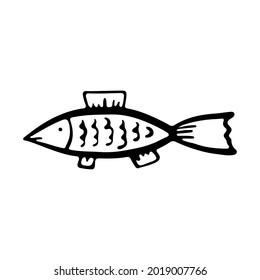 Fish icon. Black outline linear sketch drawing. Side view. Vector simple flat graphic hand drawn illustration. The isolated object on a white background. Isolate.