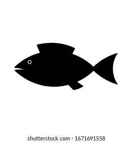 Fish icon. Black silhouette. Side view. Vector graphic illustration. Isolated object on a white background. Isolate.