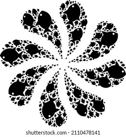 Fish icon centrifugal twist turbine fireworks composition. Turbine twist composed from scattered fish icons.