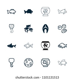 Fish icon. collection of 16 fish filled and outline icons such as hook, aquarium, sushi. editable fish icons for web and mobile.