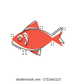 Fish icon in comic style. Seafood cartoon vector illustration on white isolated background. Sea animal splash effect business concept.