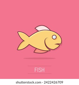 Fish icon in comic style. Seafood cartoon vector illustration on white isolated background. Sea animal splash effect business concept.